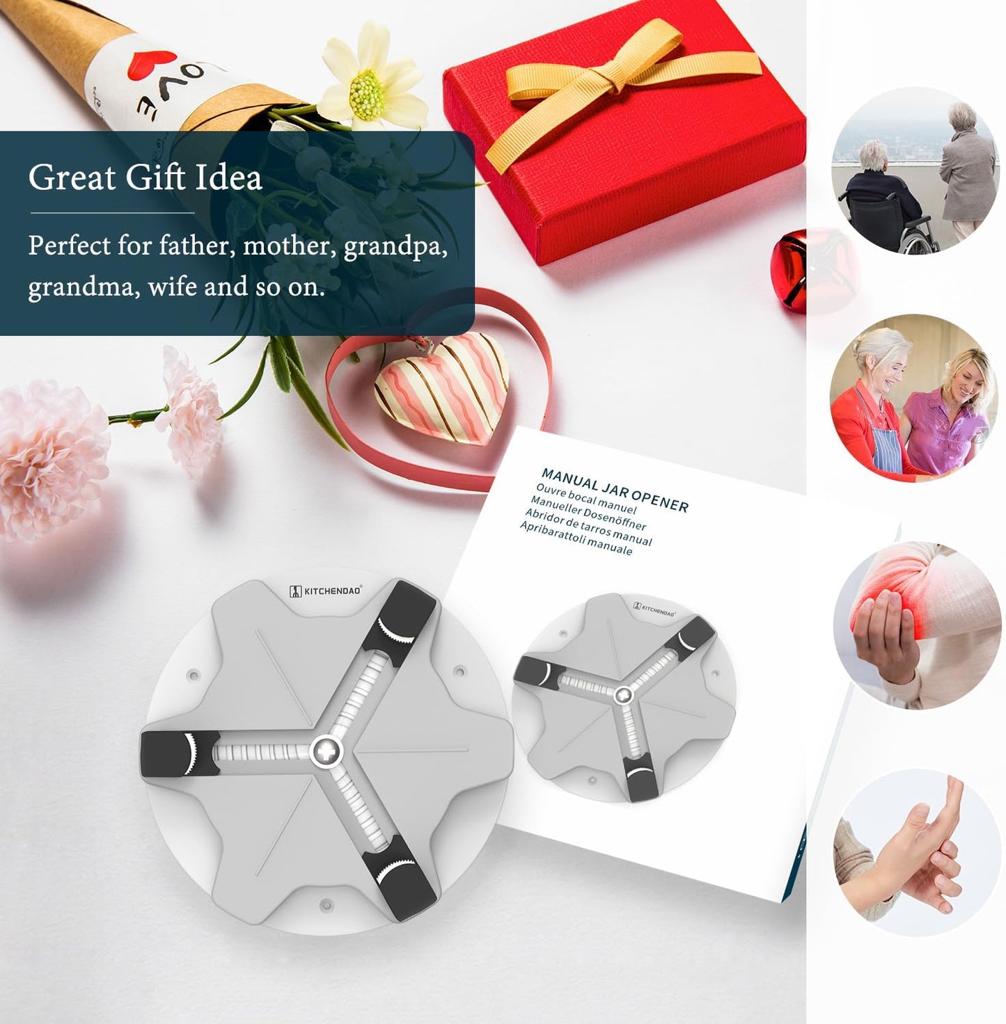 KITCHENDAO Under Cabinet Jar Opener for Weak Hands and Seniors with Arthritis, Easy Lid Opener with 3 Grippers, Bottle Opener Can Opener Under Counter