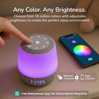 Babysense Baby Sound Machine with Night Light for Sleeping - Smart Portable Nursery White Noise Machine for Babies & Kids, Free App, No Subscription, 28 Sounds, Ok-to-Wake Alarm Clock, Sleep Timer