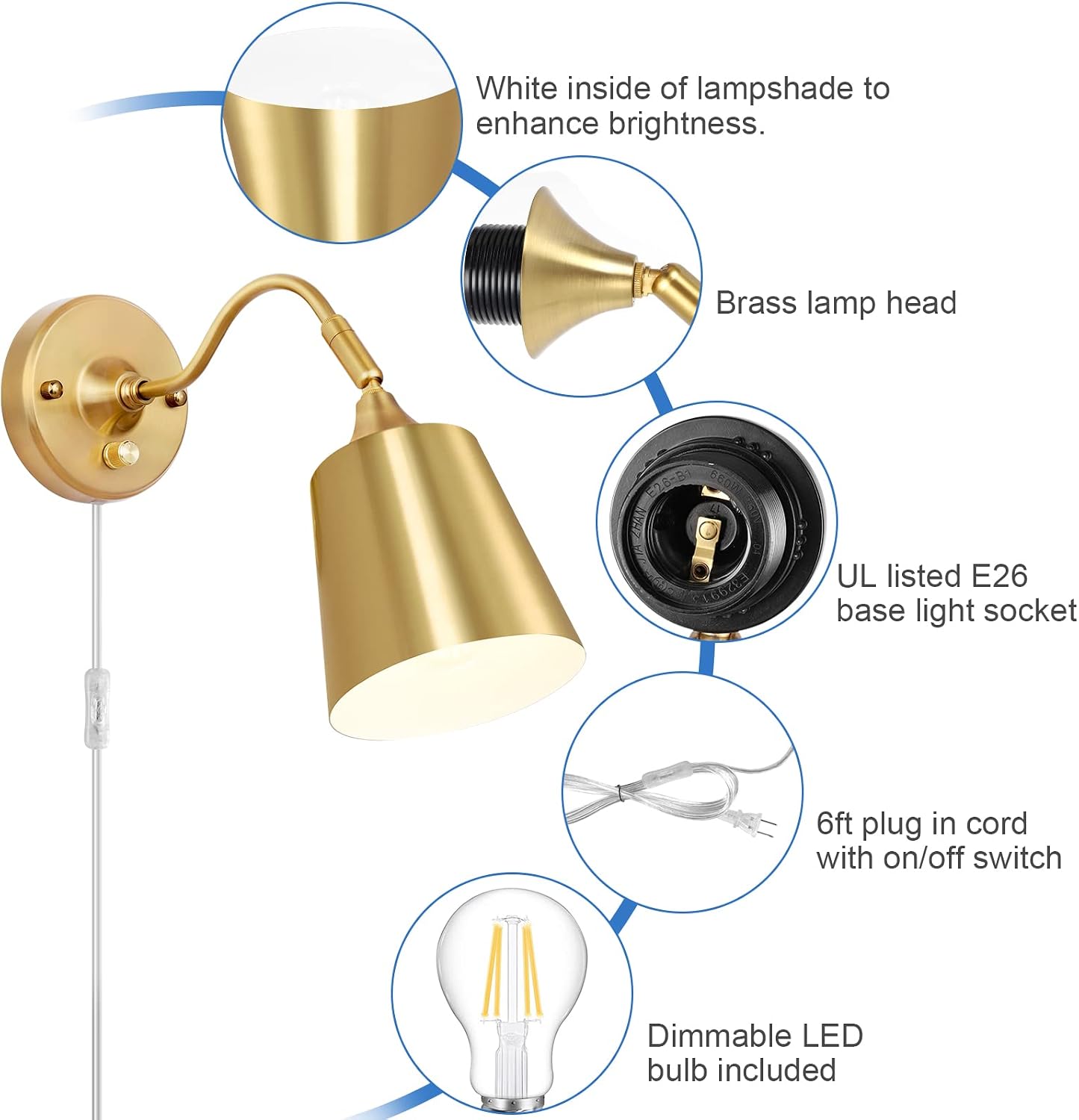 TRLIFE Wall Sconces Plug in, Dimmable Wall Lights with Plug in Cord Adjustable Lighting Angle Wall Mounted Light with On/Off Rotary Switch for Bedside, Bedroom, Over Mirror(2 Pack, 2 Bulbs Included)