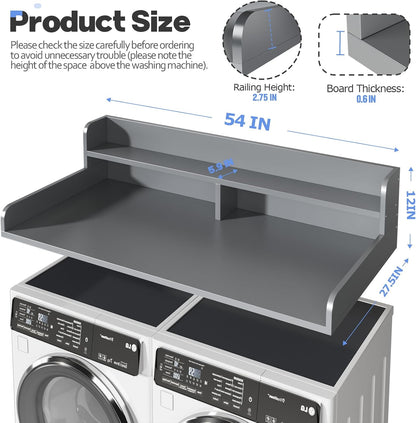 2-Tier Washer and Dryer Countertop with 2.75" H Guard,54" W x 27.5" D Laundry Countertop Cover with Non-Slip Pad,Large Space Laundry Topper for Folding Clothes Over Washer and Dryer-White