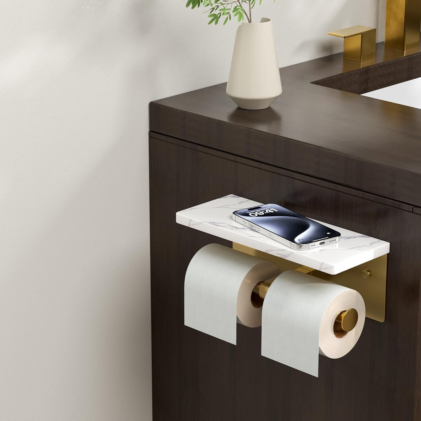 FORIOUS Toilet Paper Holder with Shelf, Natural Marble, Commercial | Brushed Nickel, Wall Mount 304 Stainless Steel Commercial Bathroom Tissue Roll Dispenser, Heavy Duty Washroom Paper Storage