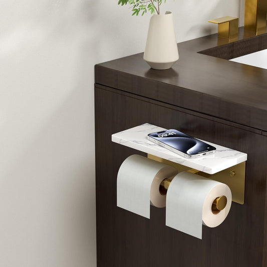 FORIOUS Toilet Paper Holder with Shelf, Natural Marble, Commercial | Brushed Nickel, Wall Mount 304 Stainless Steel Commercial Bathroom Tissue Roll Dispenser, Heavy Duty Washroom Paper Storage