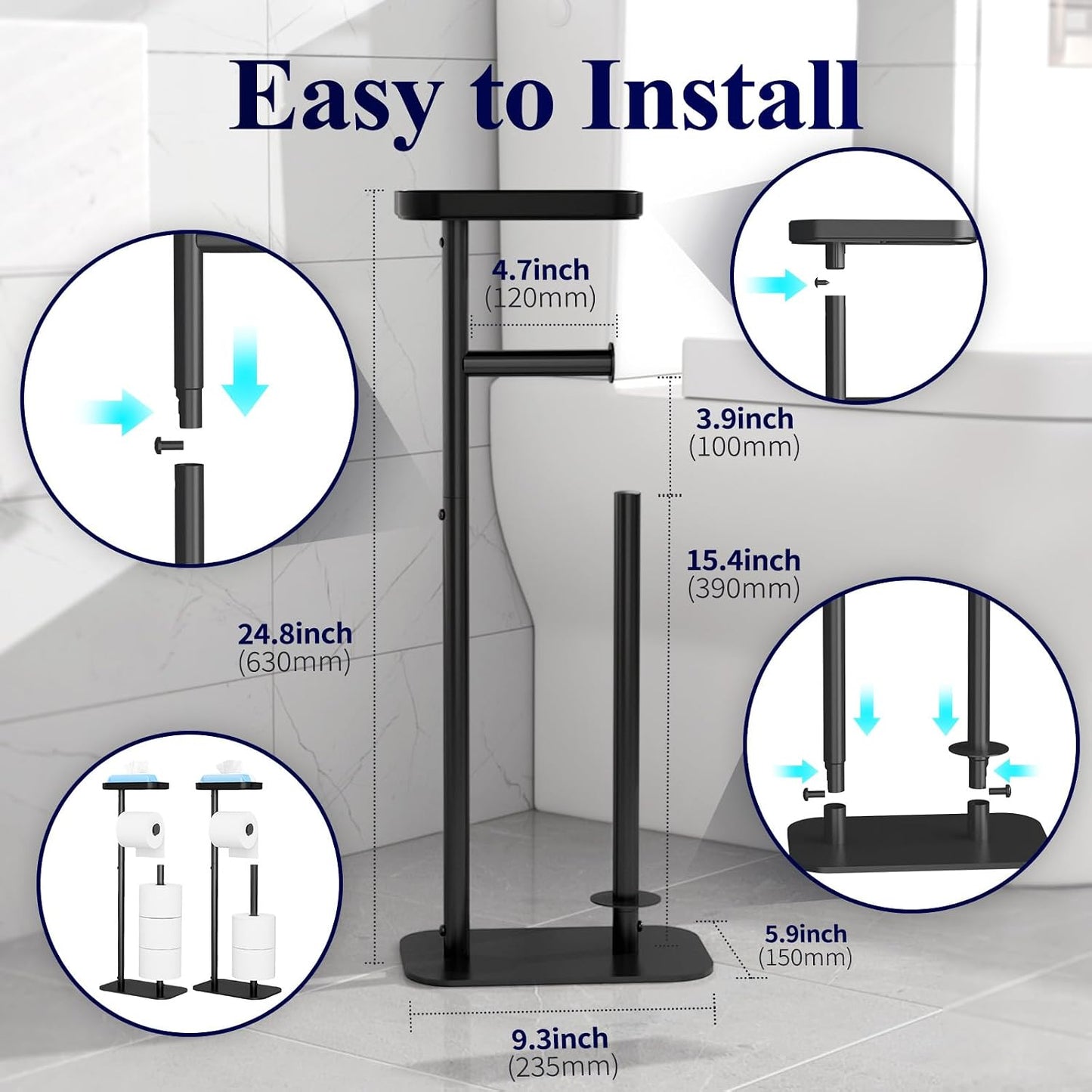 Kitsure Metal Toilet Paper Holder Free Standing, Medium, Black | Rustproof Toilet Paper Stand for 4 Rolls, Bathroom Organizers and Storage with Anti-Slip Base and Plastic Shelf
