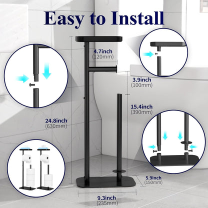 Kitsure Metal Toilet Paper Holder Free Standing, Medium, Black | Rustproof Toilet Paper Stand for 4 Rolls, Bathroom Organizers and Storage with Anti-Slip Base and Plastic Shelf