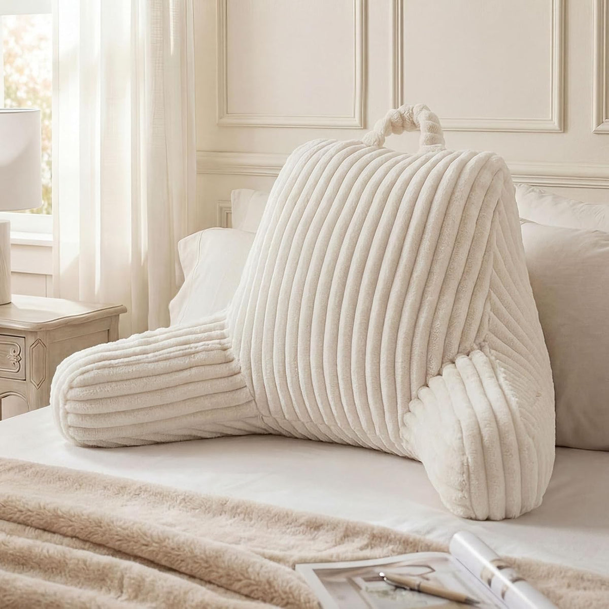 Blissful Diary Reading Pillow, Backrest Pillow with Shredded Memory Foam for Adult & Children, Designed for Bed and Couch Sitting Up, Includes Arms, Pockets and Washable Cover, Off White