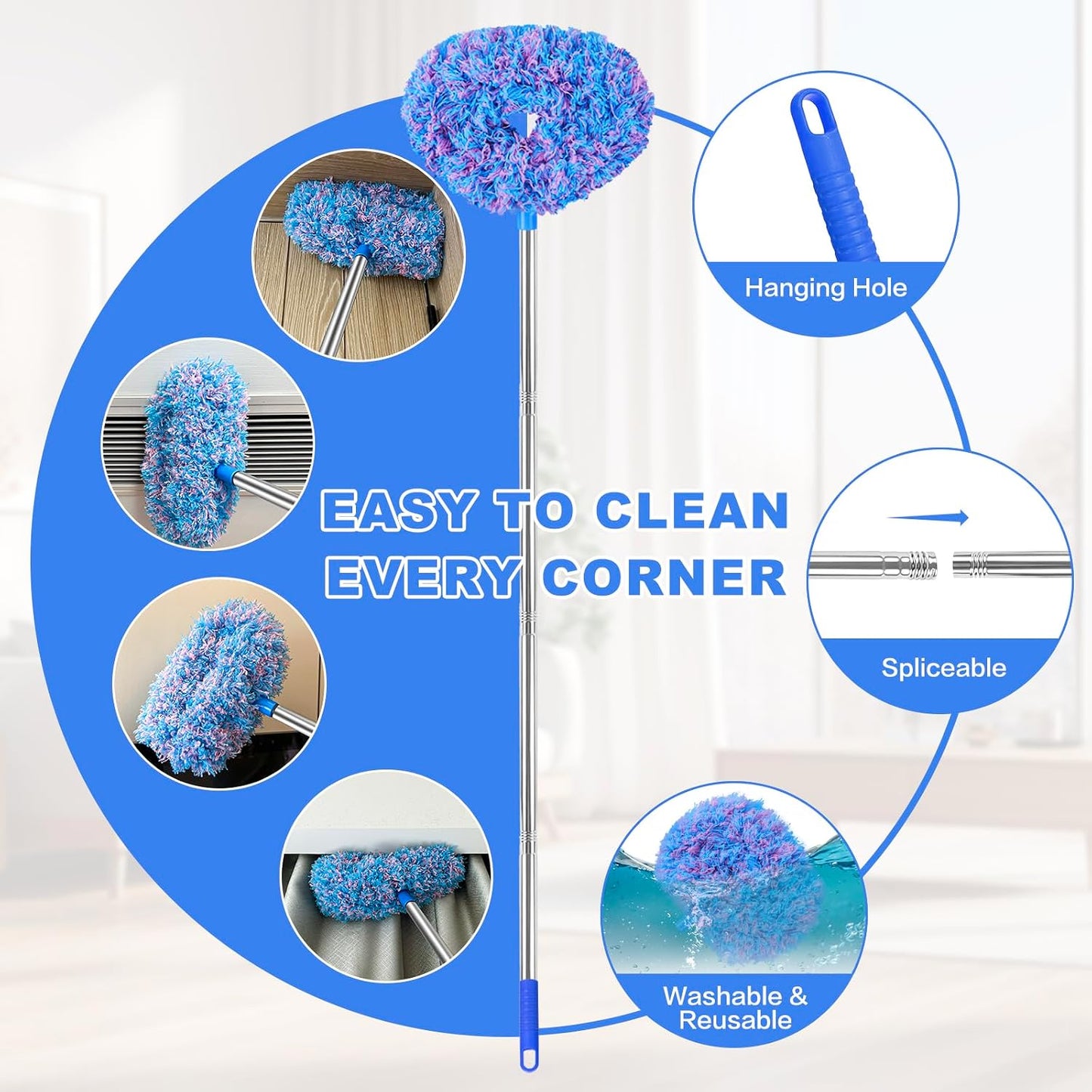 Ceiling Fan Cleaner Duster Reusable Microfiber Ceiling Fan Blade Cleaner Removable Duster with Extension Pole Adjusts 13 to 49.7 Inch for Cleaning Walls Bookshelves Furniture Door Window Top (Blue)