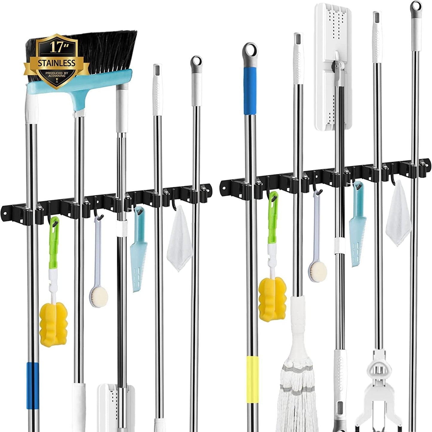 AceMining Broom Holder Wall Mount, 5 Racks 4 Hooks Heavy Duty Mop Organizer | Mop Holder Wall Mount and Broom Hanger for Garage, Laundry Room, Kitchen and Utility Storage