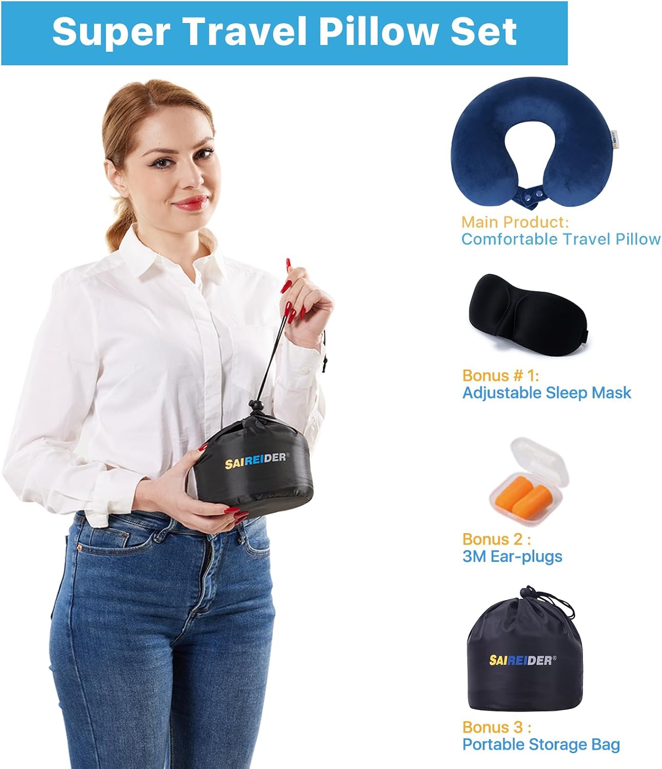 SAIREIDER Travel Pillow 100% Pure Memory Foam Travel Neck Pillow, Airplane Pillow for Traveling、Car、Home、Office，Washable Cover（Black）