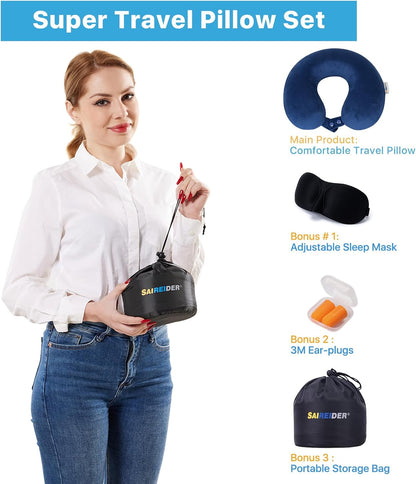 SAIREIDER Travel Pillow 100% Pure Memory Foam Travel Neck Pillow, Airplane Pillow for Traveling、Car、Home、Office，Washable Cover（Black）