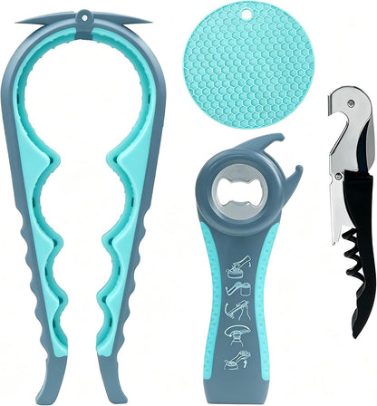 Jar Opener & Bottle Opener for Seniors, Arthritis, Weak Hands, Non Slip Lid Grip Remover, Effortless Twist,4-in-1 Multi Purpose Kitchen Tool(Blue)