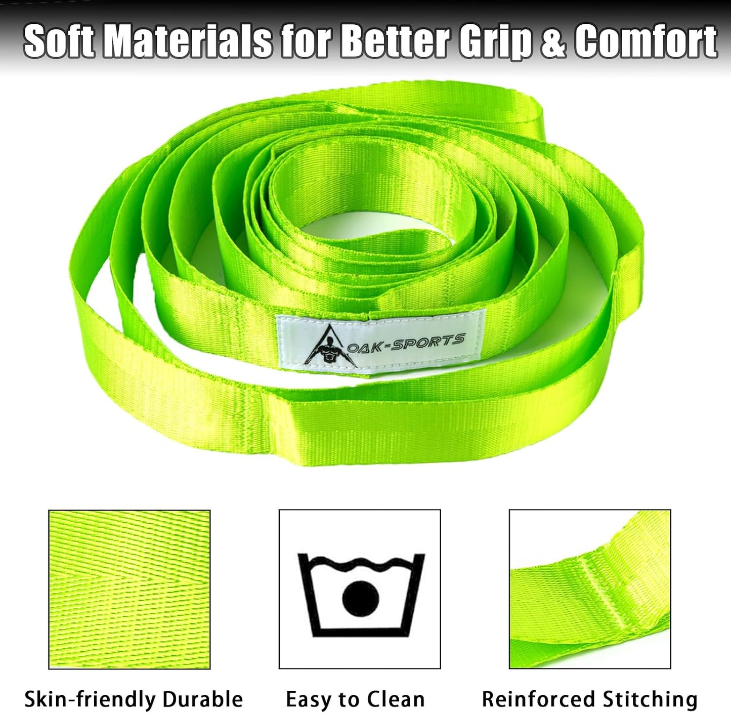 Oak-Sports Stretching Strap Yoga Strap for Physical Therapy with 10 Loops, Yoga Straps for Stretching, Upgraded Non-Elastic Stretch Band for Pilates, Dance and Gymnastics with Workout Guide