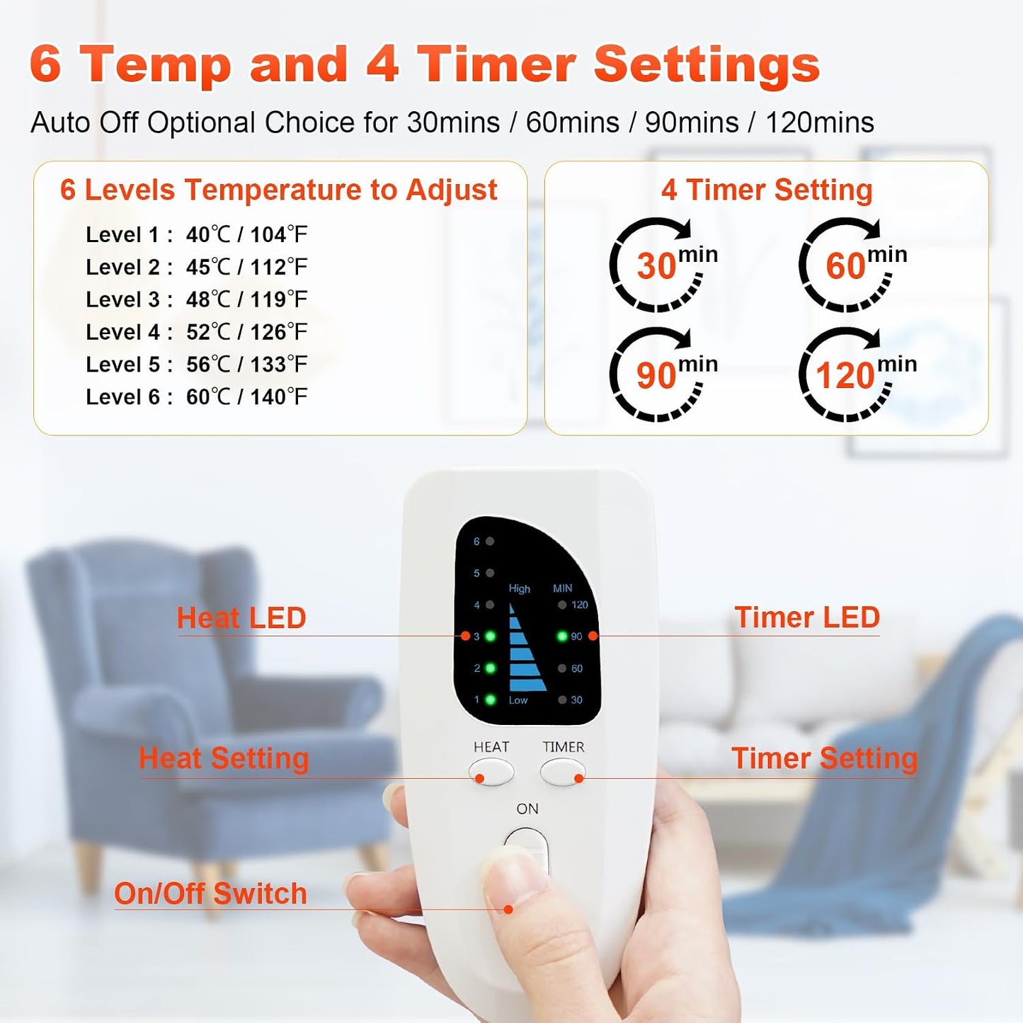 LAMA Electric Heated Foot Warmer, Double Persons Heating Foot Warmers for Men and Women, Rapid Foot Heating Pad with 6 Level Temp & 4 Timers for Bed/Christmas/Home/Office, Detachable,Washable,Grey