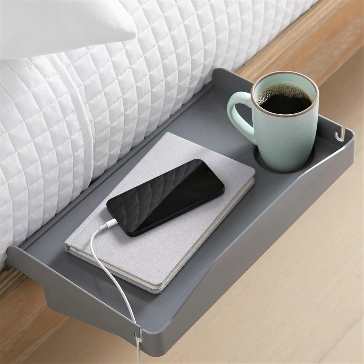 Modern Innovations Bedside Shelf for Bed, College Dorm Room, Bunk Bed Shelf/Caddy for Top Bunk, Clip On Nightstand Tray with Cord and Cup Holder for Table Storage (Black)