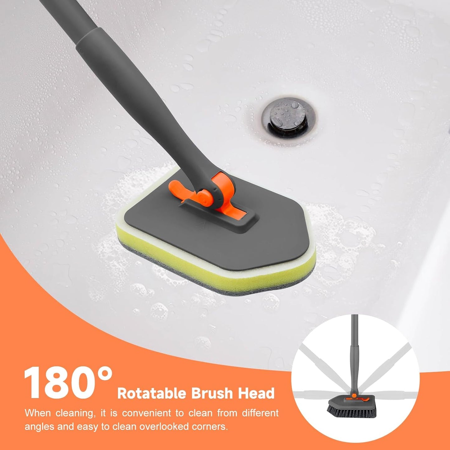 nacena Shower Scrubber with Long Handle, 4 in 1 Tile Tub Scrubber Brush with 3 Detachable Cleaning Heads and V-Shaped Grout Brush Shower Cleaner Brush for Bathroom Kitchen Toilet Tub Sink Wall, Black