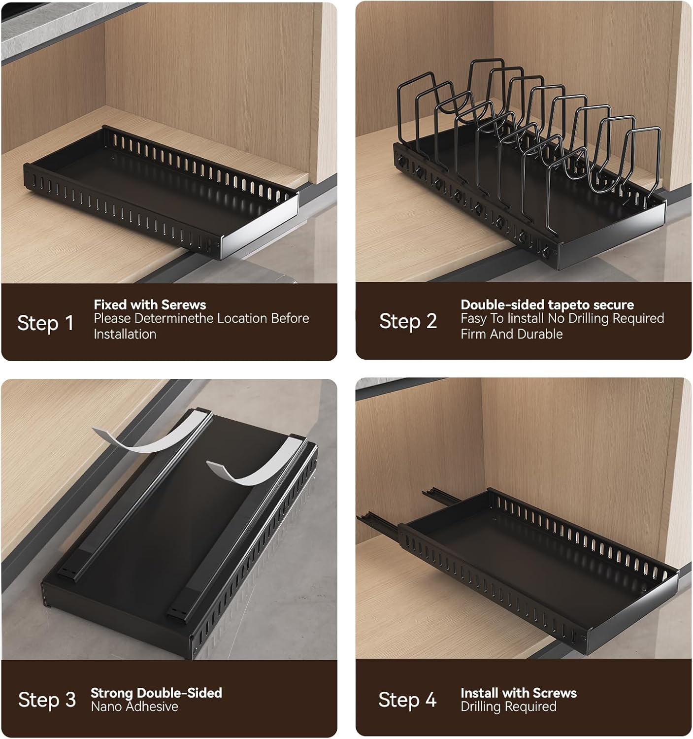 Black 2 Pack Pot Lid Organizer, Pull Out Cabinet Rack, 16 Dividers | 2-pack black carbon steel rack, 16 adjustable dividers, quiet slide rails, adhesive or screw mount for lids, pans, bakeware