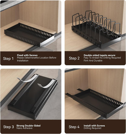 Black 2 Pack Pot Lid Organizer, Pull Out Cabinet Rack, 16 Dividers | 2-pack black carbon steel rack, 16 adjustable dividers, quiet slide rails, adhesive or screw mount for lids, pans, bakeware