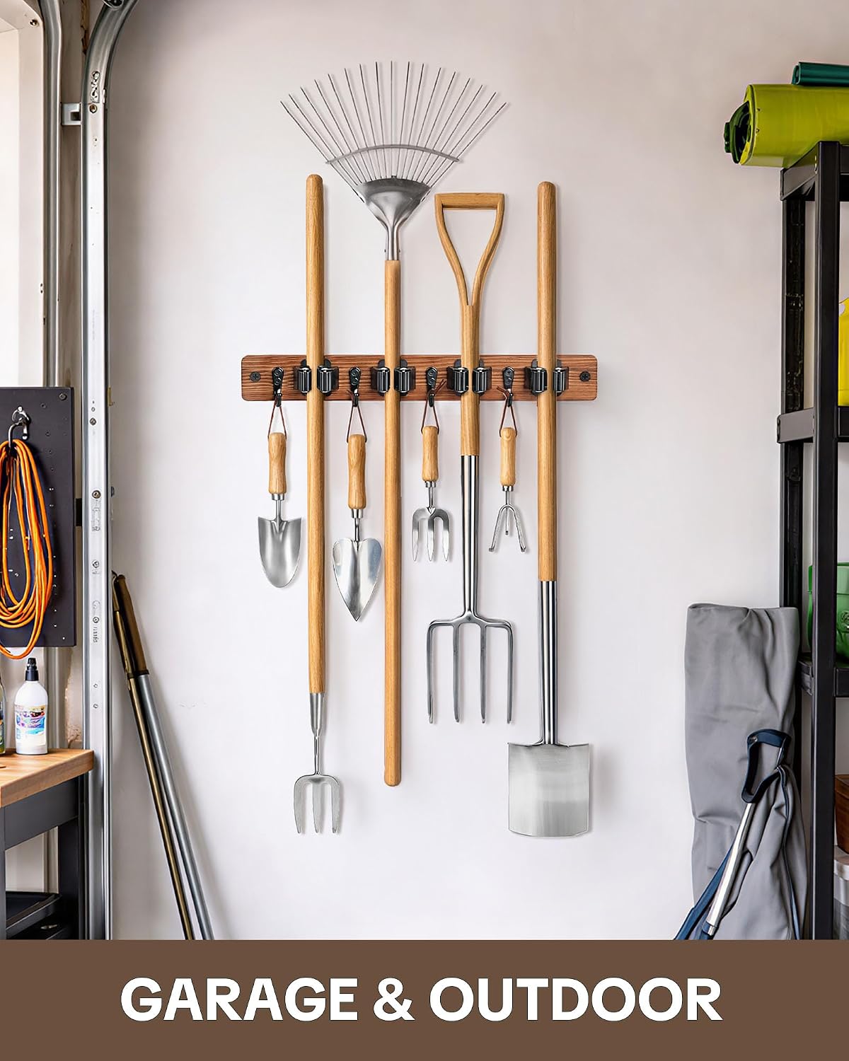 Lorbro 2 Pack Broom Holder Wall Mount, Wooden Rack with 4 Slot & 4 Hook | Broom and Mop Organizer Wall Hanging, Tool Organizer for Laundry Room, Closet, Garage, Kitchen