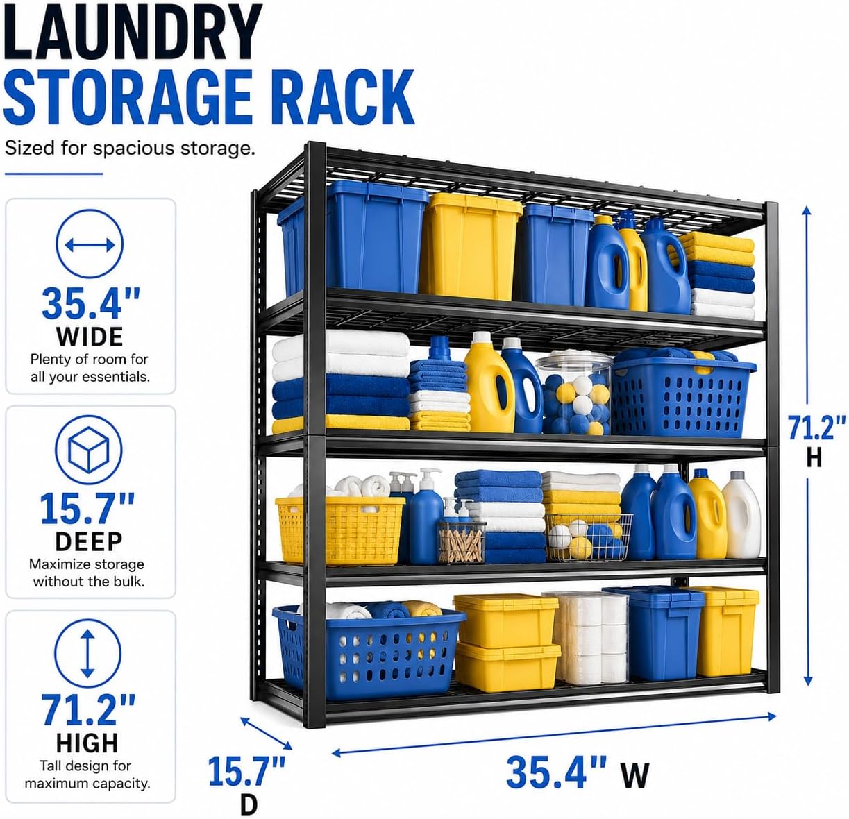Heavy Duty Over Washer and Dryer Storage Shelf, 5 Tier Adjustable Metal Laundry Room Organizer, Freestanding Utility Shelving Rack, Rust Resistant Steel Storage Shelf, Black, 35.4"Wx 15.7"Dx 71.2"H