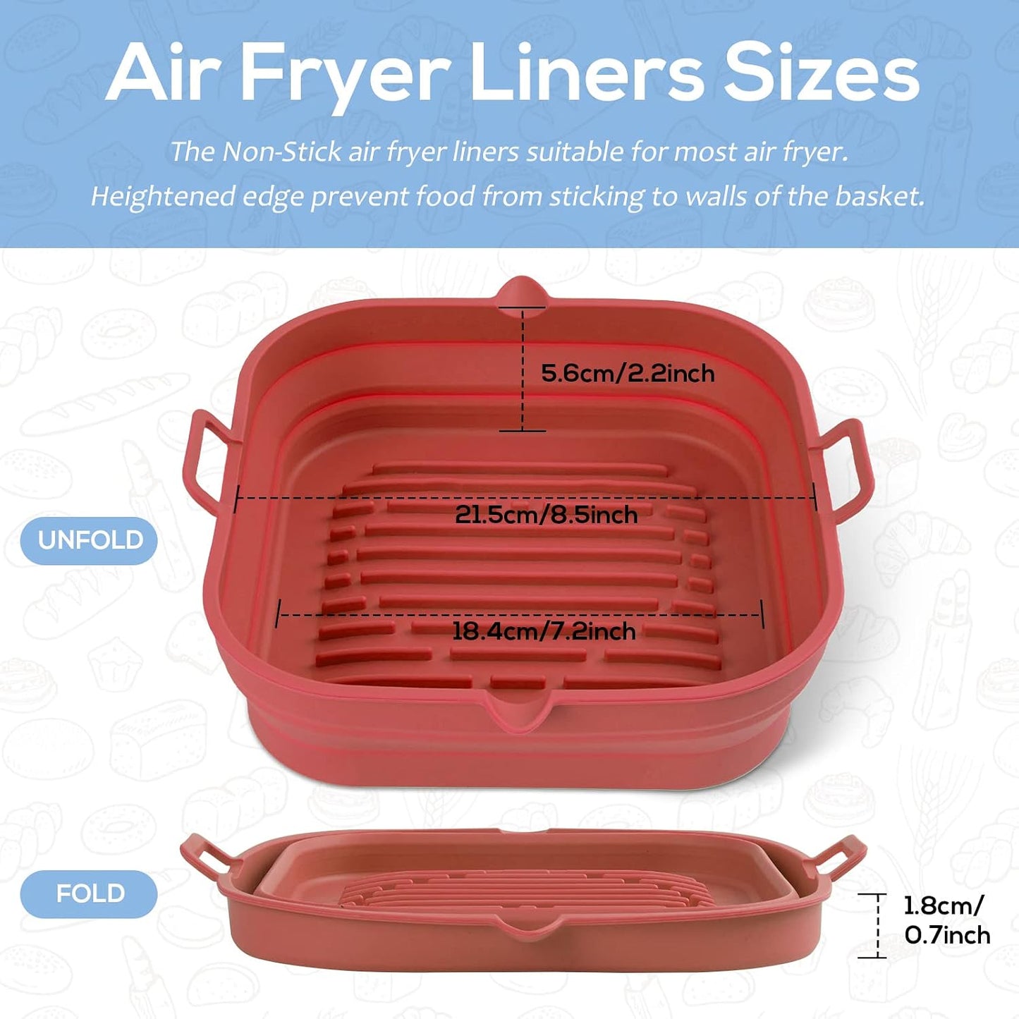 Silicone Air Fryer Liners Square - Reusable Airfryer Collapsible Basket - Easy to Clean Air Fryers Pot for 5.8 to 8 Qt Baking Tray Oven Accessories, 8.5 Inch Large