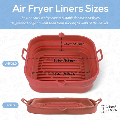 Silicone Air Fryer Liners Square - Reusable Airfryer Collapsible Basket - Easy to Clean Air Fryers Pot for 5.8 to 8 Qt Baking Tray Oven Accessories, 8.5 Inch Large