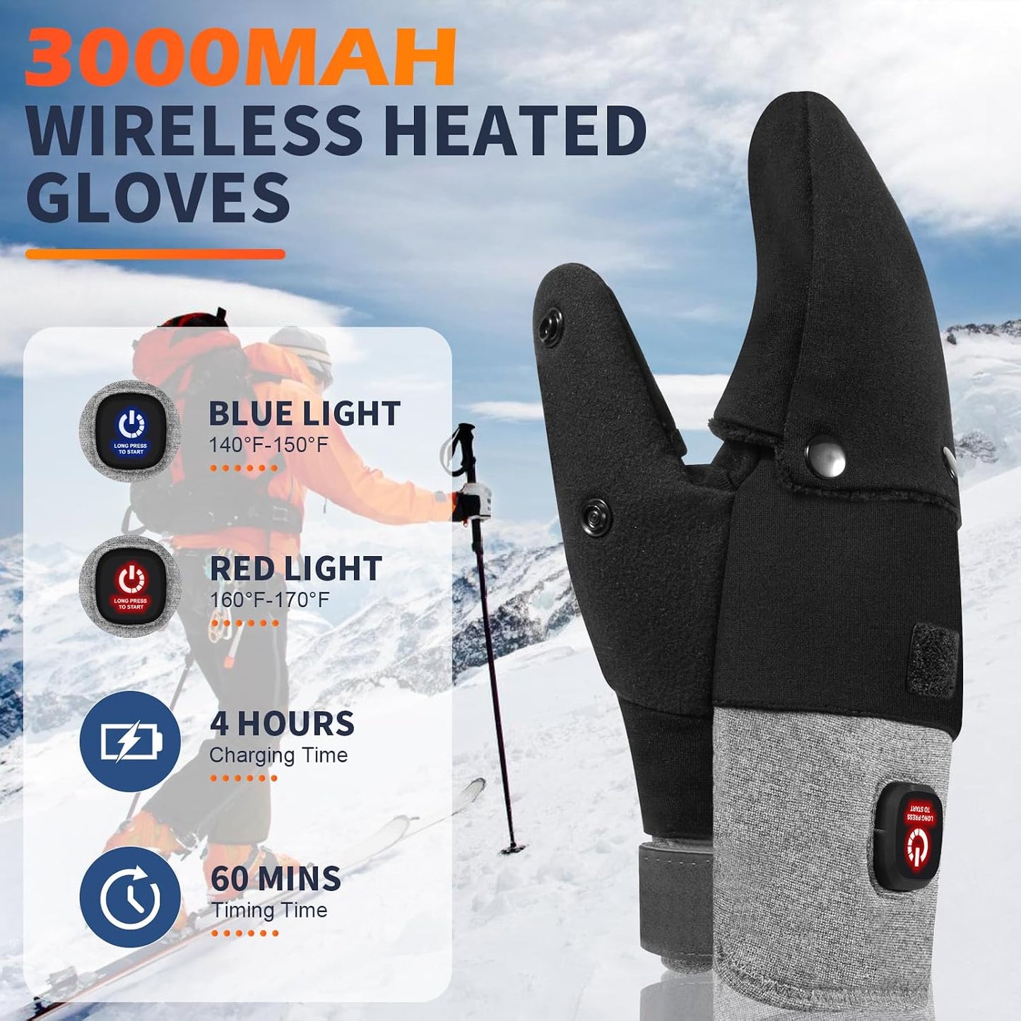 Heated Gloves for Men Women, Rechargeable Detachable Full & Half Hands Heated Glove Fingerless Electric Heating Gloves Hand Warmer for Work, Hunting, Skiing, Outdoor Work