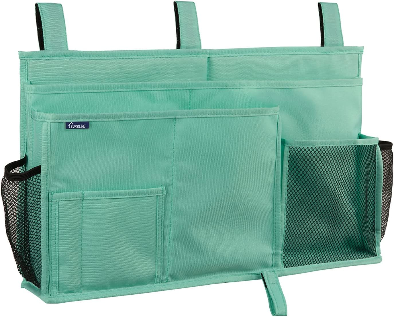 Surblue Bedside Caddy Hanging Organizer Storage Bag Pocket for Bunk, Hospital, College Dorm Rooms, Baby Bed Rails, Camp - 4 Pockets, 2 Hooks (Blue)
