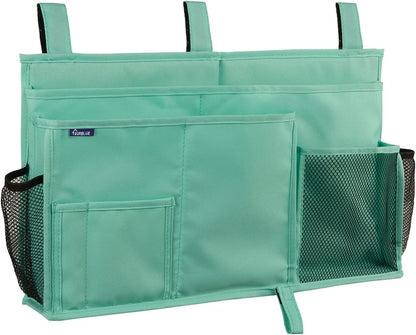 Surblue Bedside Caddy Hanging Organizer Storage Bag Pocket for Bunk, Hospital, College Dorm Rooms, Baby Bed Rails, Camp - 4 Pockets, 2 Hooks (Blue)