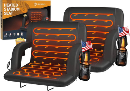 HOPERAN 21" Heated Stadium Seats for Bleachers with Back Support, Black 2PC | Seat & Back Heat Wired Control, 3 Heat Levels (NO Battery), Soft Cushion, 6 Recline, Anti-Slip, Side Pockets, Backpack Straps