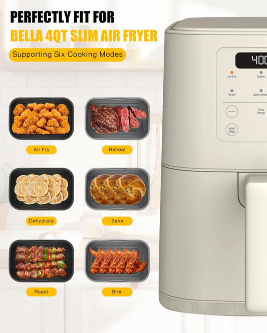 Collapsible Air Fryer Silicone Liners 2-Pack for Bella 4Qt Slim Air Fryer | (3.3lb Capacity), Reusable Airfryer Silicone Pot Rectangle,Nonstick Baking Basket Insert for Air Frier Accessories,Gray+Black