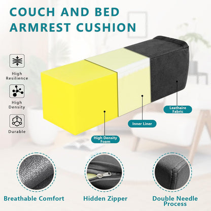 2 Pack Couch Arm Rest Pillow, 6''x6''x20'' Faux Leather Waterproof Cover, High Density Foam Armrest Cushion, Removable & Washable Elbow Support for Sofa, Bed, and Armchair (Medium Grey)