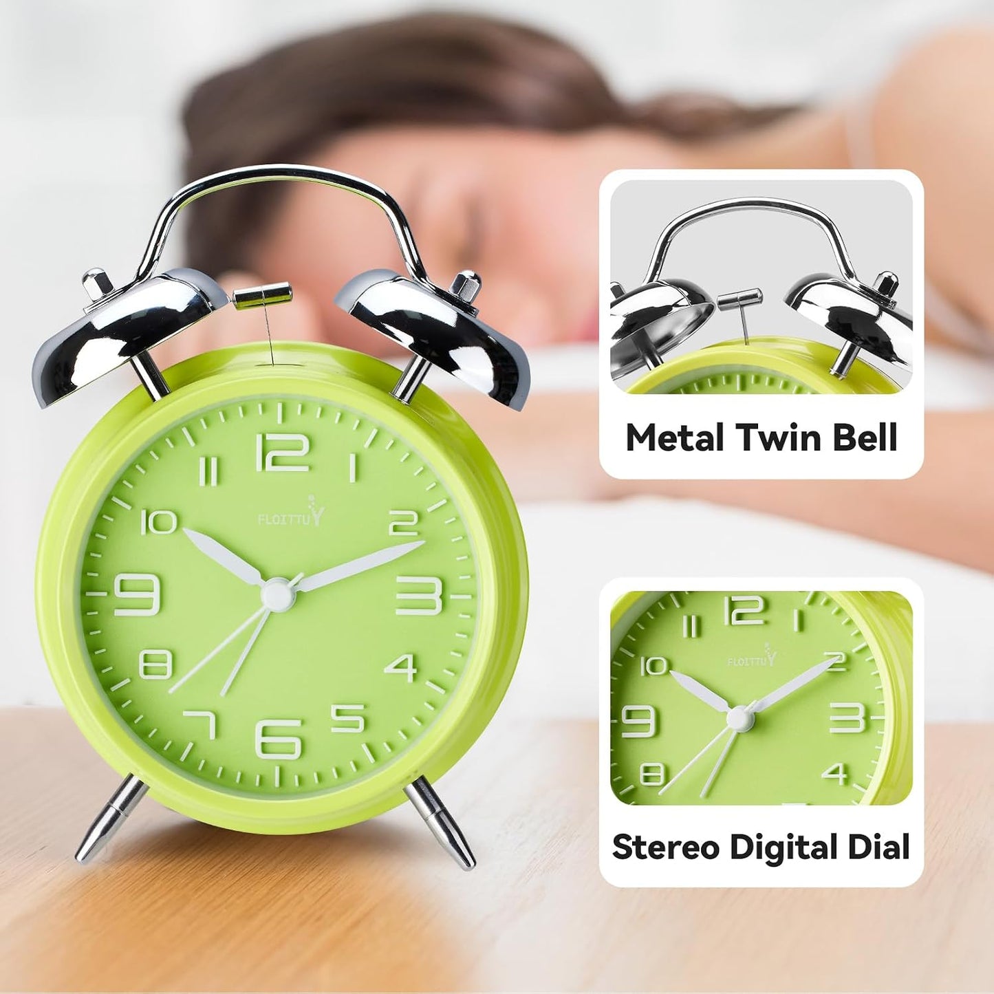 FLOITTUY Loud Alarm for Deep Sleepers 4'' Twin Bell Alarm Clock with Backlight for Bedroom and Home Decoration(Green)