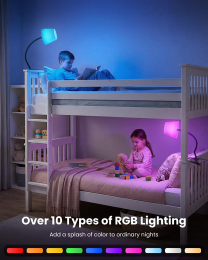 Clip on Bedside Lamp with Fabric Shade, Dimmable Reading Light 10-Level Brightness Memory, RGB & 3 Color Temperatures, Flexible Gooseneck Clip Lamp for Headboard Desk Dorm, Adapter Included