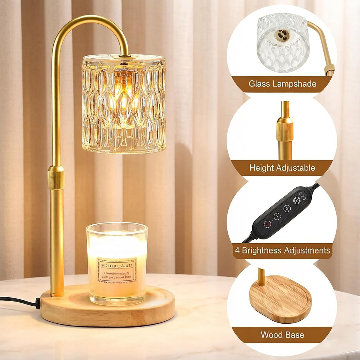 Dreamholder Electric Candle Warmer Lamp with Timer, Dimmable Candle Lamp with Adjustable Height, Wax Melter for Jar Candles Wood Base Floral Home Decor Gifts for Women Mom, Silver Glass