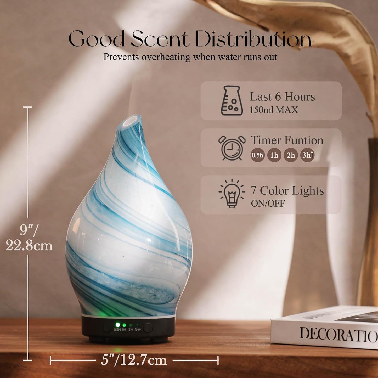 Porseme Oil Diffuser 3D Glass Aromatherapy Ultrasonic Humidifier, Air Refresh Auto Shut-Off, Timer Setting, BPA Free for Home Hotel Yoga Leisure SPA Gift 150ml Last 6H - Colors B