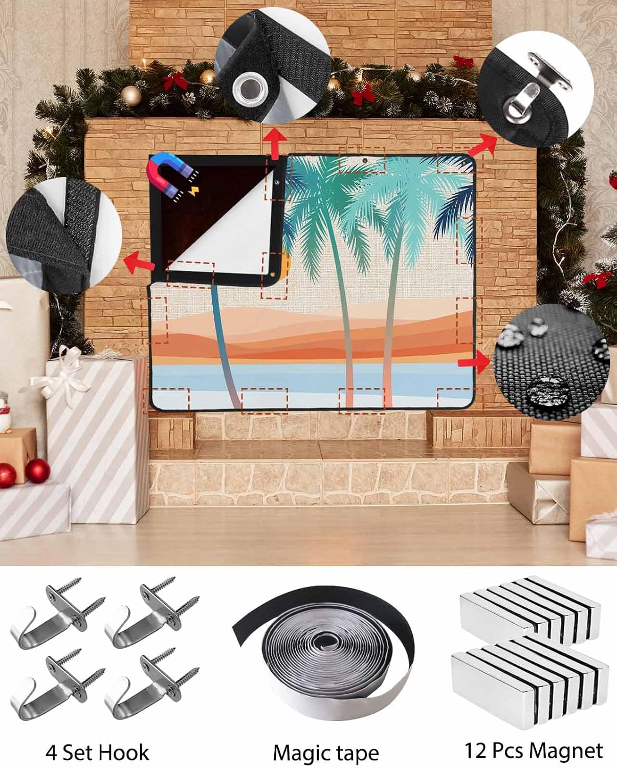 Magnetic Fireplace Cover Boho Summer Beach Fireplace Screen Decorative Mount Coconut Tree Bohemian Insulation Fireplaces Blocker Save Energy Fireplaces Draft Stopper Covers for Living Room 45x34