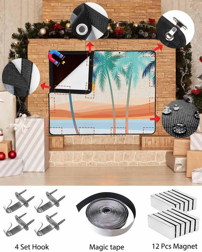 Magnetic Fireplace Cover Boho Summer Beach Fireplace Screen Decorative Mount Coconut Tree Bohemian Insulation Fireplaces Blocker Save Energy Fireplaces Draft Stopper Covers for Living Room 45x34