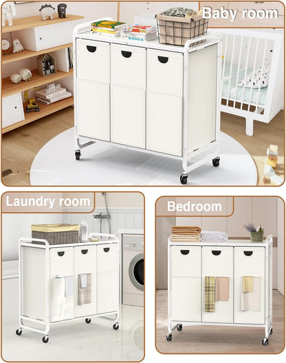 Laundry Sorter 3 Section,Laundry Basket with Wheels,3×15.8 Gal (60L) | Laundry Room Organization with Wooden Desktop Shelf,Pull-Out and Removable 900D Oxford Fabric Laundry Bags for Laundry Room