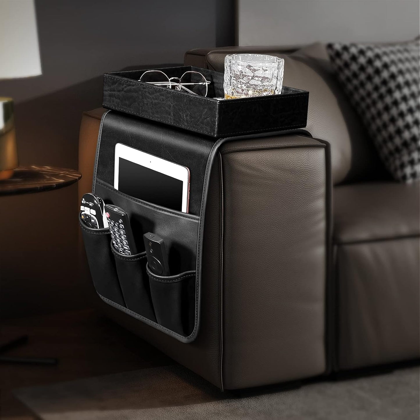 SITHON Sofa Remote Control Holder with Detachable Tray [Non Slip] | PU Leather Chair Couch Armrest Organizer Caddy with 5 Pockets for Magazines Phone iPad Remote Game Controller Eyeglasses