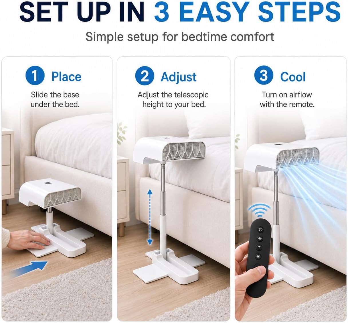 Bed Cooling System,Bed Cooling Fan Under Sheets with 5 Speeds and Remote, Rechargeable,Adjustable Height Mattress Coolings Fan for Hot Sleepers & Night Sweat