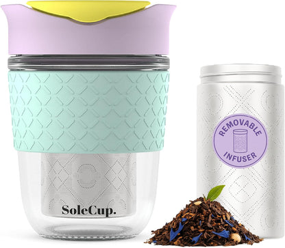 Large Travel Mug Loose Tea Infuser - Detachable Tea Strainer with Spill Proof Lid - 18oz/530ml BPA-Free Reusable Glass Travel Coffee Cup with Silicone Band (Ice Cream, 18oz)