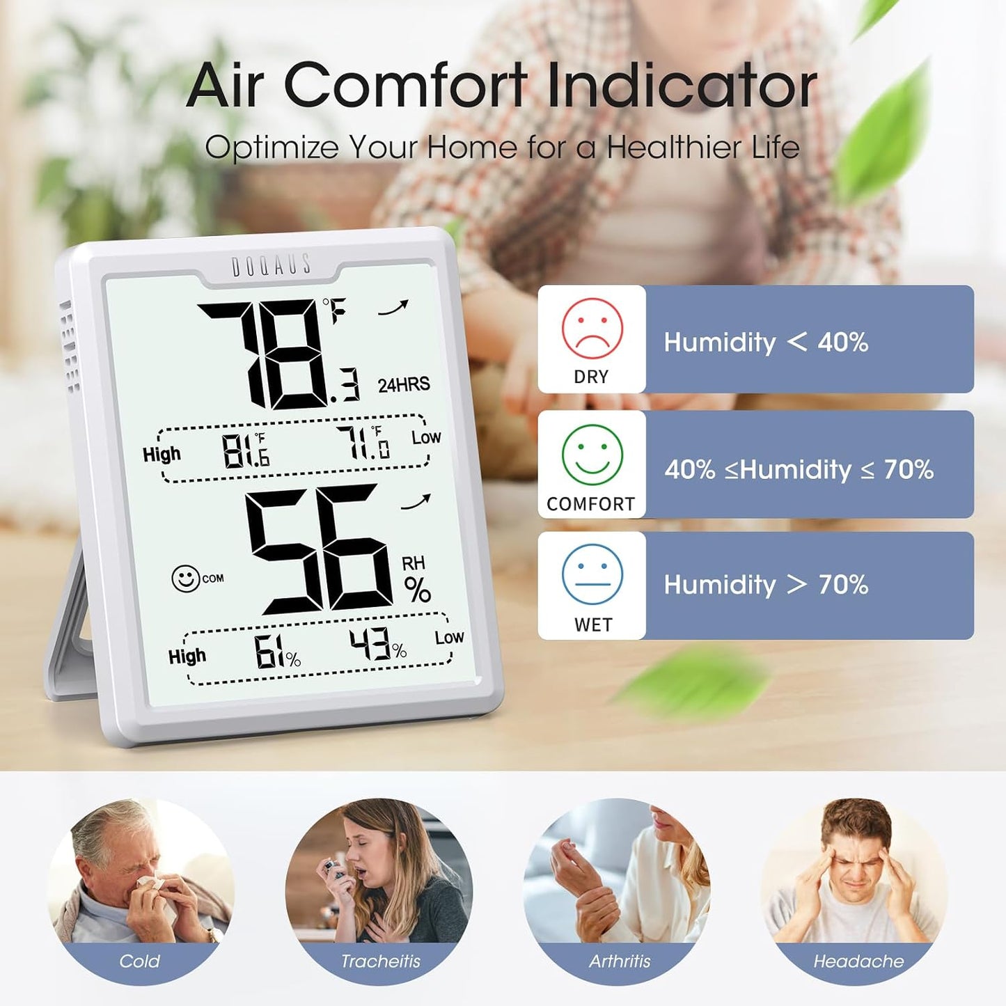 DOQAUS Hygrometer Indoor Thermometer, Temperature Humidity Meter, Black | 3.4in Large LCD Display, Temp Humidity Monitor with Max Min Records for Home, Bedroom, Baby Room, Office, Greenhouse