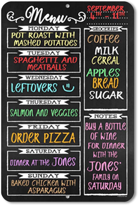 Chalkboard Style Weekly Food Menu Board Kitchen HDG-1018 | 12 x 18 Inch Aluminum Weekly Menu Planner, Reusable Meal Planning Board for Kitchen & Family Organization