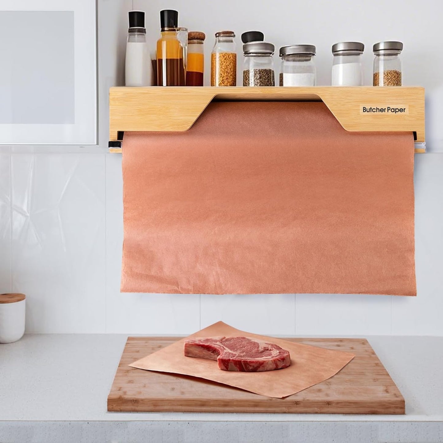 18-Inch Foil Dispenser with Slide Cutter & Butcher Paper Holder | Compact bamboo organizer for countertop, drawer, cabinet or wall mounting, made for many common 18-inch foil and paper rolls
