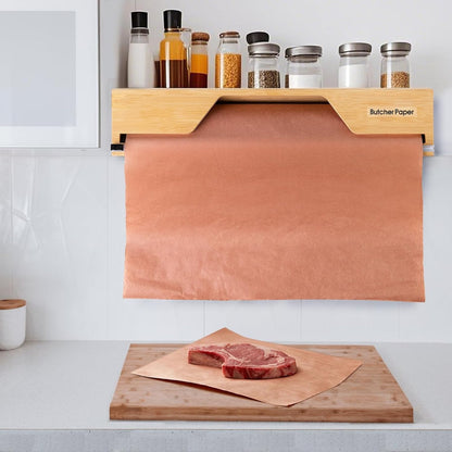 18-Inch Foil Dispenser with Slide Cutter & Butcher Paper Holder | Compact bamboo organizer for countertop, drawer, cabinet or wall mounting, made for many common 18-inch foil and paper rolls