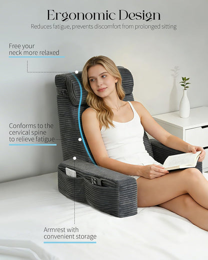 Seniny 22" Reading Pillow for Bed Adult - Back Support Pillow for Sitting Up Rest, Husband Bed Chair and Backrest Pillow with Arms, Lounge Sit Up Pillows for Dorm, Corner, Couch, Study, Watching TV