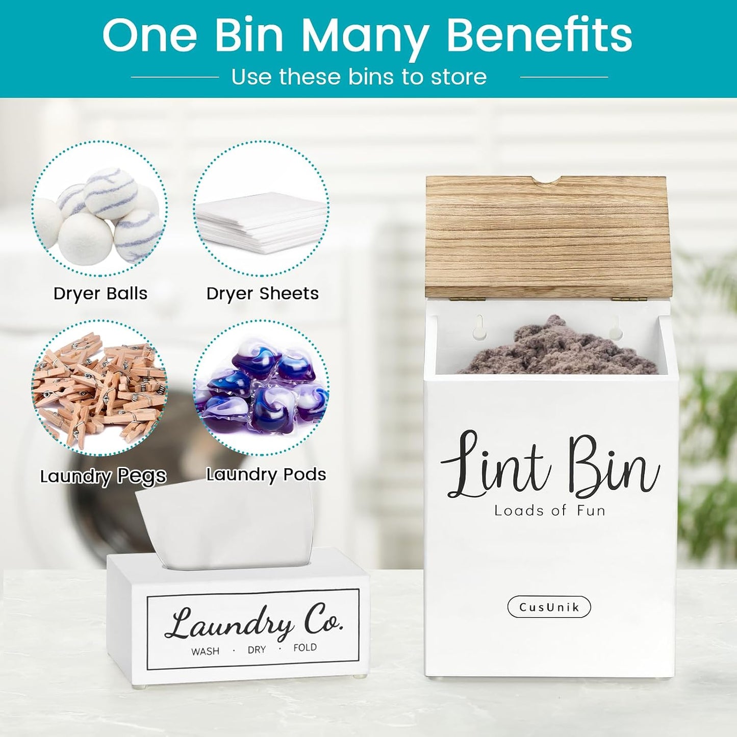 Magnetic Lint Bin and Dryer Sheet Holder Set for Laundry Room Organization | Wall Mounted Laundry Organization and Storage,Wooden Lint Trash Can with Lid and dryer sheet dispenser,Laundry Room Trash Can
