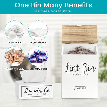 Magnetic Lint Bin and Dryer Sheet Holder Set for Laundry Room Organization | Wall Mounted Laundry Organization and Storage,Wooden Lint Trash Can with Lid and dryer sheet dispenser,Laundry Room Trash Can