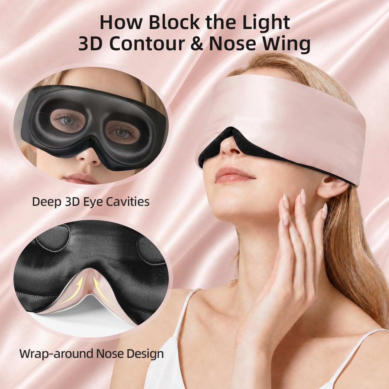 USlixury® 3D Contoured Silk Sleep Mask, Total Blackout&Zero Eye Pressure | Wider Adjustable Band for Side Sleepers, Long Lashes & Women – Perfect for Sleeping, Napping, Meditation
