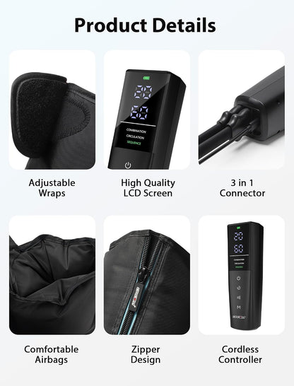 CINCOM Cordless Leg Massager, Air Compression for Pain & Circulation | 3 massage modes, 10 intensities, 5 timers, Rechargeable, Relieves RLS, edema, muscle fatigue, Use at home, office, or travel