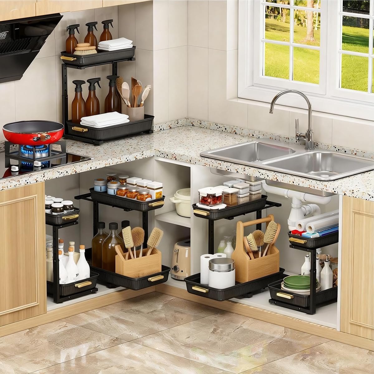 ARSTPEOE Under Sink Organizer - 2 Pack Multi-Purpose Pull-Out Storage Shelf | Slide out Pull out Cabinet Organizer Shelf, Storage for Kitchen Bathroom